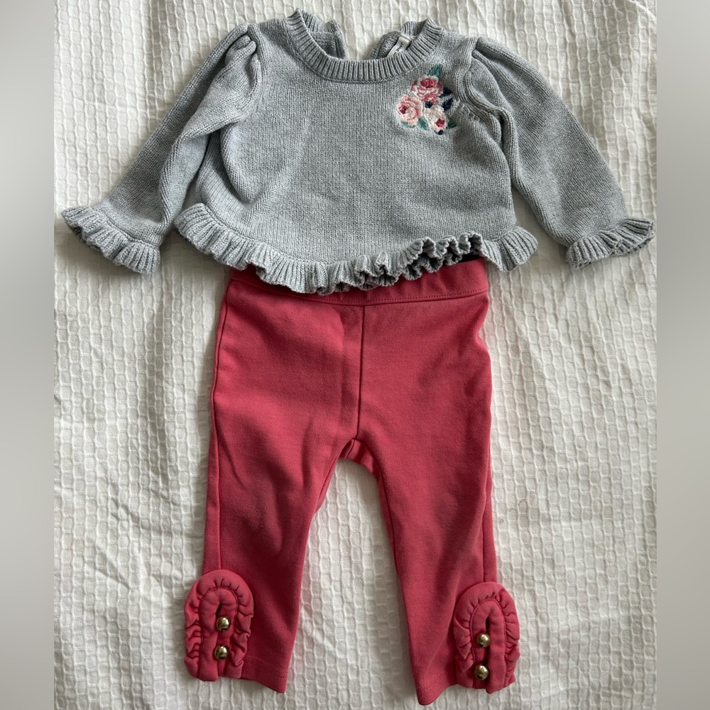 Janie & Jack sweater and pants, embroidered flowers, 6-12 mos GUC